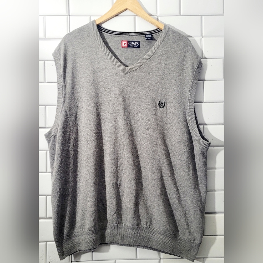 Chaps Mens 100% Cotton Sleeveless Sweater Vest Gray V-Neck Medium Weight Size